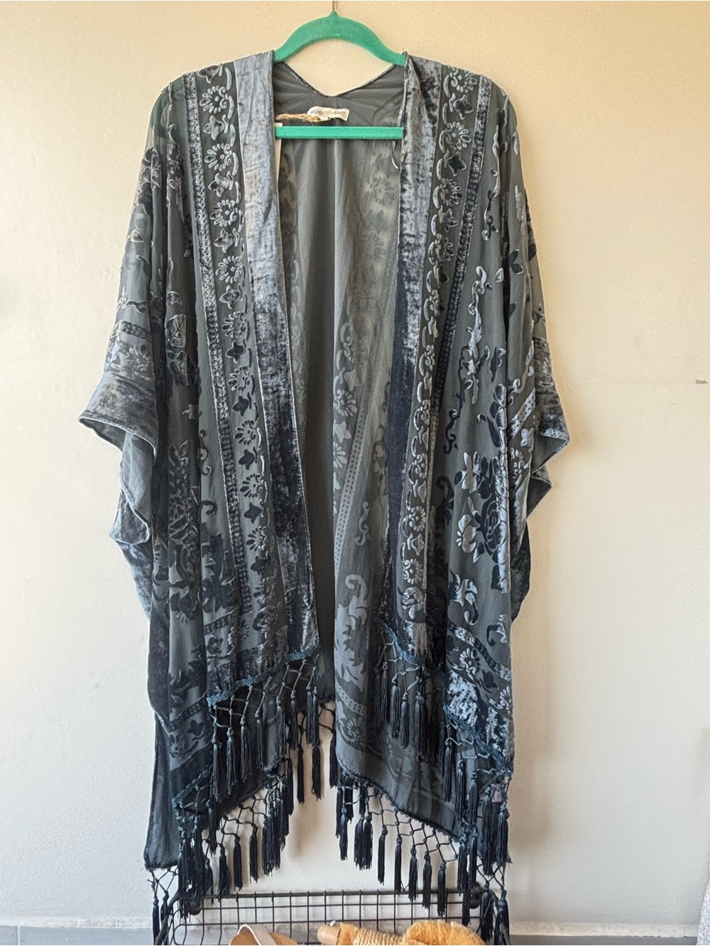 Boho Velvet Burnout Fringe Kimono - Black Gray Blue